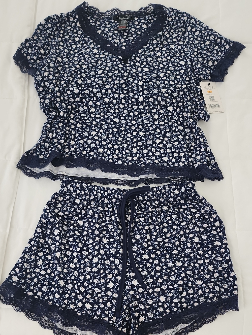 Navy Floral Lace Trim Pajama Set